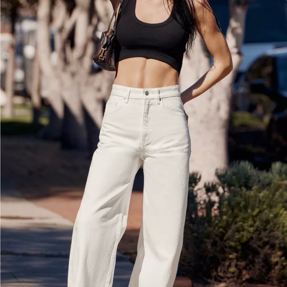 Wide-Leg Cream Denim Jeans